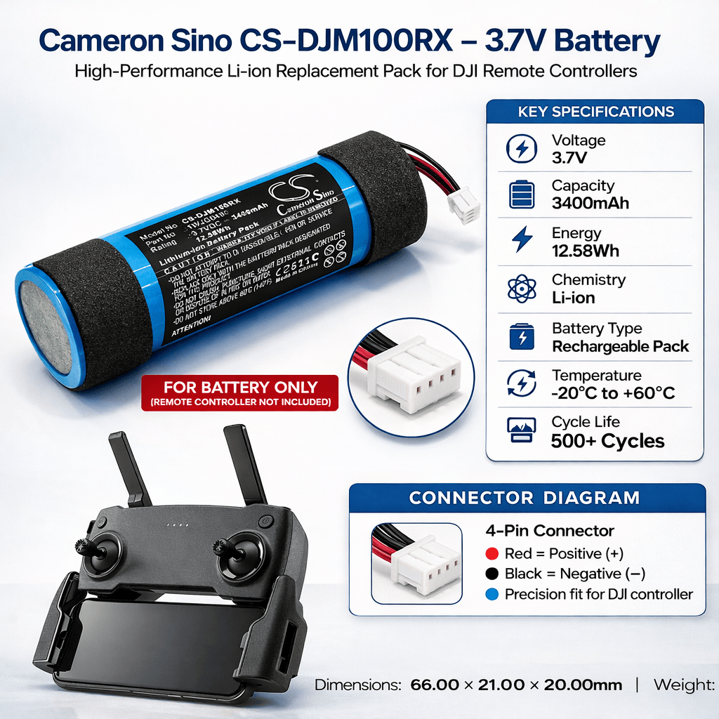 3.7V, Li-ion, 3400mAh, Remote Controller battery fits Dji, 1wjg0480, Mavic Mini Controller, 12.58Wh Remote Controller Cameron Sino Technology Limited