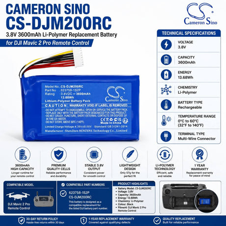 3.8V, Li-Polymer, 3600mAh Remote Controller Battery fits Dji, Mavic 2 Pro Remote Control, 13.68Wh Remote Controller Cameron Sino Technology Limited