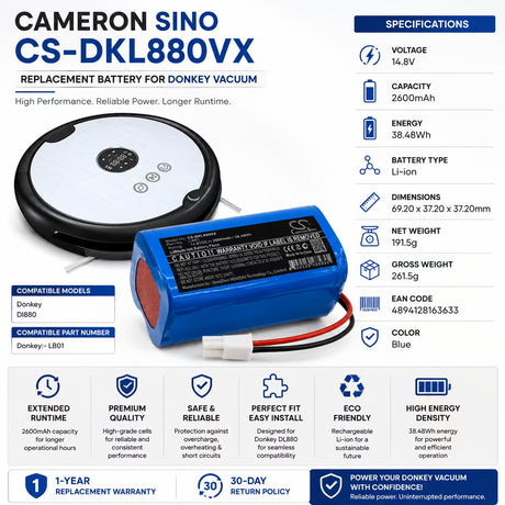 14.8V, Li-ion, 2600mAh, Vacuum battery fits Donkey, Dl880, 38.48Wh Vacuum Cameron Sino Technology Limited