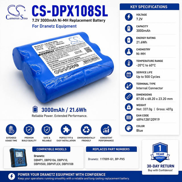 Cameron Sino CS-DPX108SL Replacement Battery for Dranetz DBPV500 DBPX108 – 3000mAh 7.2V Ni-MH Equipment, Survey, Test Cameron Sino Technology Limited
