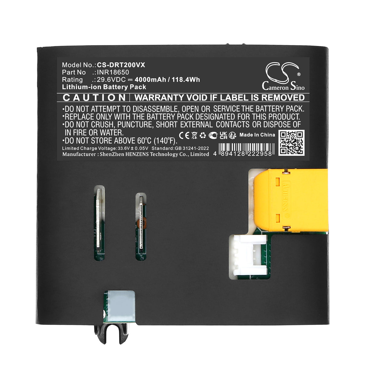 29.6V, Li-ion, 4000mAh, Vacuum battery fits Dreame, INR18650, Mova T20, 118.4Wh Vacuum Cameron Sino Technology Limited (Dangerous Goods)