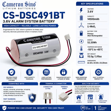 3.6v, Li-mno2, 14500mah, Alarm Battery Fits Dsc, Wt4911, Wt4911b, 52.20wh Alarm System Cameron Sino Technology Limited