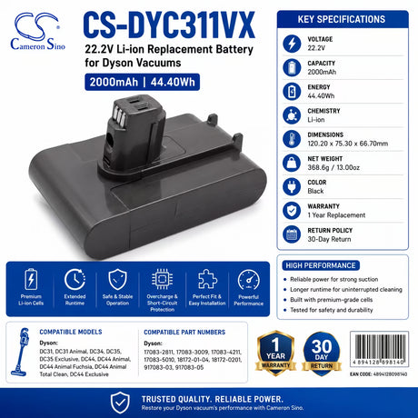 Vacuum battery for Dyson Dc31, Dc34, Dc35 22.2v, 2000mah - 44.40wh Vacuum Cameron Sino Technology Limited