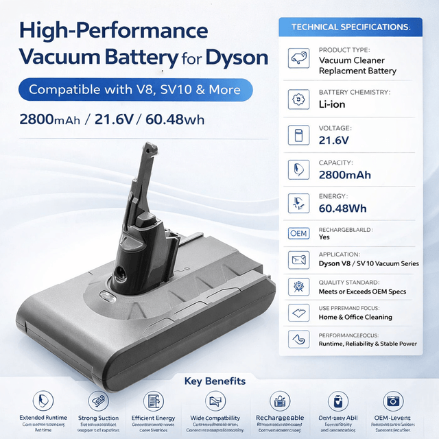 Vacuum battery for Dyson, Sv10, V8, V8 Absolute, V8 Absolute Cord-free, 6mw, 21.6v, 2800mah - 60.48wh Vacuum Cameron Sino Technology Limited