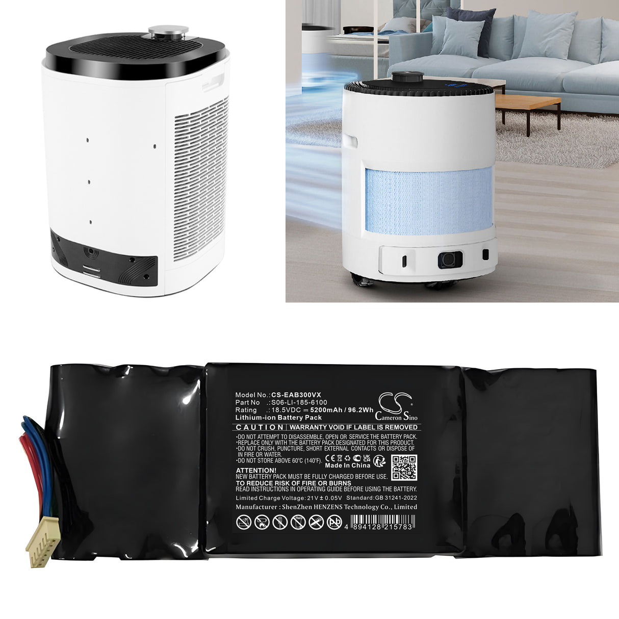 18.5V, Li-ion, 5200mAh, Vacuum battery fits Ecovacs, S06-li-185-6100, Airbot Aa30, 96.2Wh Vacuum Cameron Sino Technology Limited