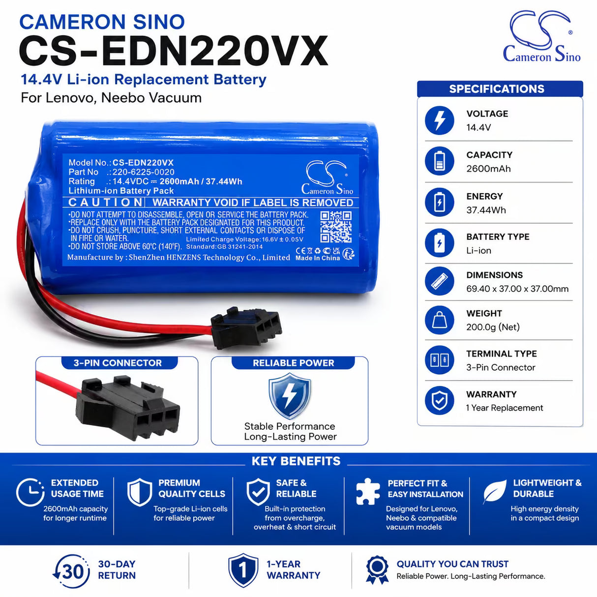 14.4V, Li-ion, 2600mAh, Vacuum battery fits Lenovo, Neebo, D83, Deebot U2, Deebot U2 Pro, 37.44Wh Vacuum Cameron Sino Technology Limited
