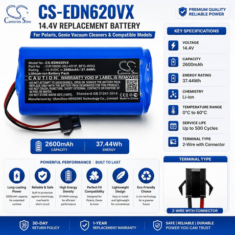 14.4V, Li-ion, 2600mAh, Vacuum battery fits Polaris, Genio, 600, 601, 605, 37.44Wh Vacuum Cameron Sino Technology Limited