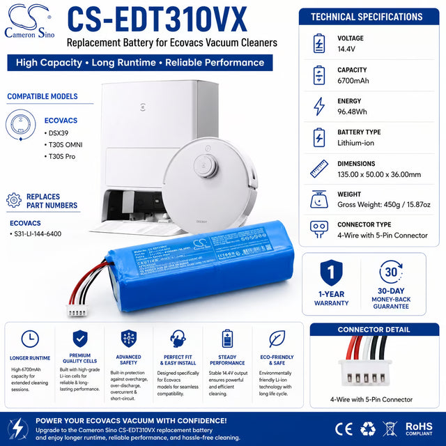 Ecovacs T30S OMNI Battery Replacement S31-LI-144-6400 6700mAh Vacuum Cameron Sino Technology Limited
