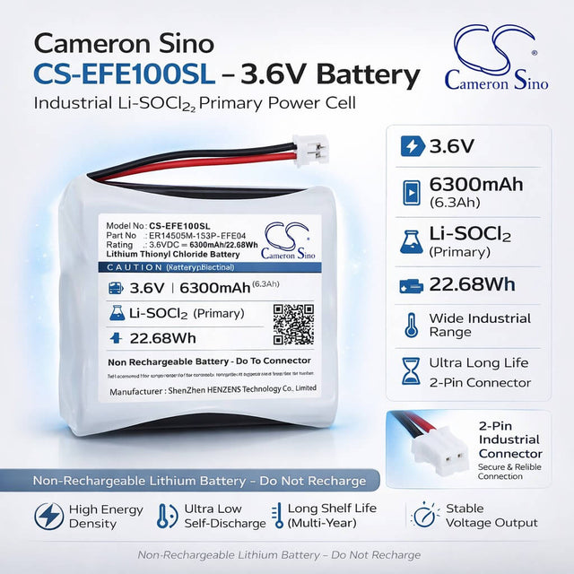 3.6V, Li-SOCl2, 6300mAh, Equipment, Survey, Test battery fits Efento, ER14505M-1S3P-EFE04, NB-IoT, 22.68Wh Equipment, Survey, Test Cameron Sino Technology Limited