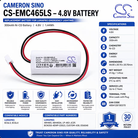 4.8V, Ni-CD, 300mAh, Emergency Lighting battery fits Lumapro, 48h465, 6cgl3, 6cgl4, 1.44Wh Emergency Lighting Cameron Sino Technology Limited