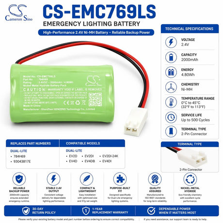 2.4V, Ni-MH, 2000mAh, Emergency Lighting battery fits Dual-lite, 784h69, Ev2d, Ev2di, 4.80Wh Emergency Lighting Cameron Sino Technology Limited