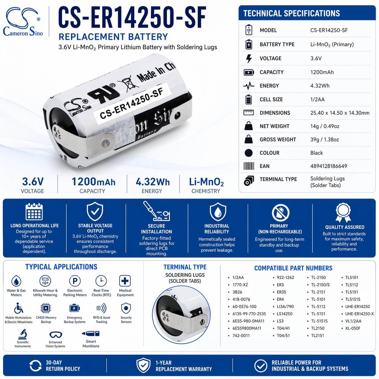 3.6v, Li-mno2, 1200mah, Battery Fits Cameron Sino, Uhe-er14250, Uhe-er14250-x, 4.32wh ER14250 Cameron Sino Technology Limited