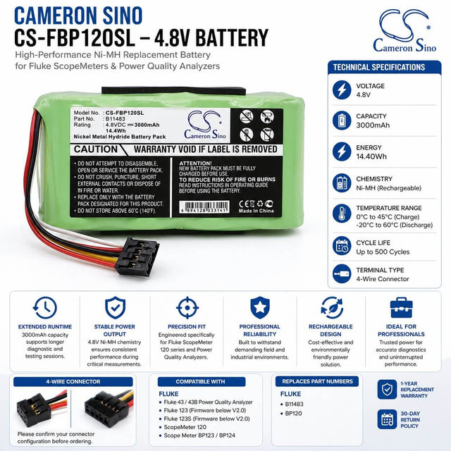 Equipment Battery for Fluke Scopemeter 120, Fluke 43 Power Quality Analyzers, Fluke 43b Power Quality Analyzers 4.8v, 3000mah - 14.40wh Equipment, Survey, Test Cameron Sino Technology Limited