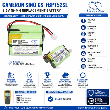 3.6V, Ni-MH, 2500mAh, Equipment battery fits Fluke, 1650740, 1521 Thermometer, 1522 Thermometer, 9Wh Equipment, Survey, Test Cameron Sino Technology Limited