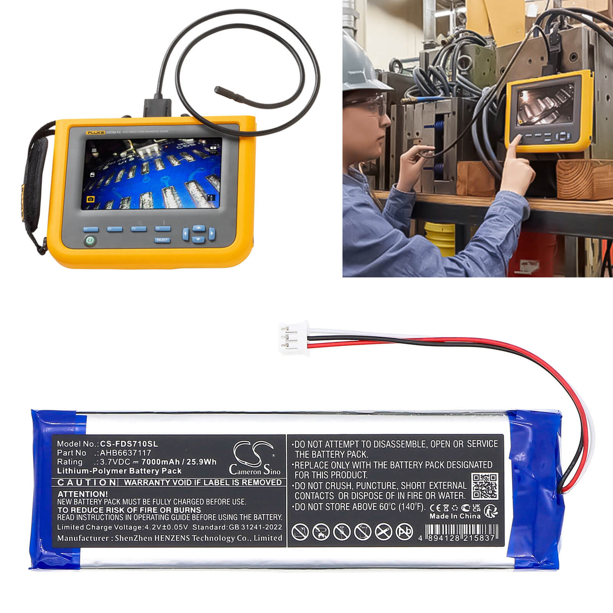 3.7V, Li-Polymer, 7000mAh, Equipment, Survey, Test battery fits Fluke, Ahb6637117, Ds701 Diagnostic Videoscope, Ds703 Diagnostic Videoscope, 25.9Wh Equipment, Survey, Test Cameron Sino Technology Limited