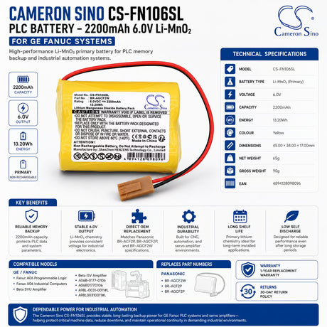 Panasonic BR-ACF2P Replacement PLC Battery 6.0V 2200mAh GE Fanuc PLC Cameron Sino Technology Limited