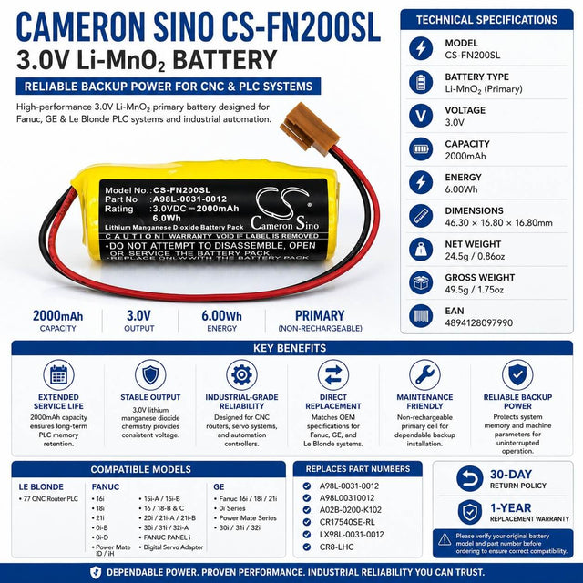 PLC Battery for Ge Fanuc 16i, Fanuc 18i, Fanuc 21i 3.0v, 2000mah - 6.00wh PLC Cameron Sino Technology Limited