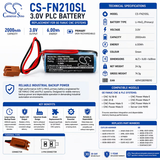 PLC Battery for Ge Fanuc Cnc Power Mate 0, Fanuc Cr17450se-r & Cr17450se-rl, 3.0v, 2000mah - 6.00wh PLC Cameron Sino Technology Limited