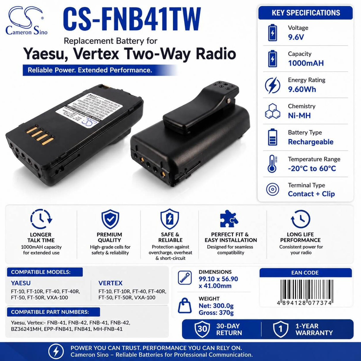 9.6V, Ni-MH, 1000mAH, Two-Way Radio battery fits Yaesu, Vertex, Fnb-41, Ft-10, Ft-10r, 9.6Wh Two-Way Radio Cameron Sino Technology Limited
