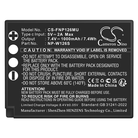 7.4V, Li-ion, 1000mAh, Camera battery fits Fujifilm, Np-w126, Finepix Hs30, Finepix Hs30exr, 7.4Wh Camera Cameron Sino Technology Limited (Camera)