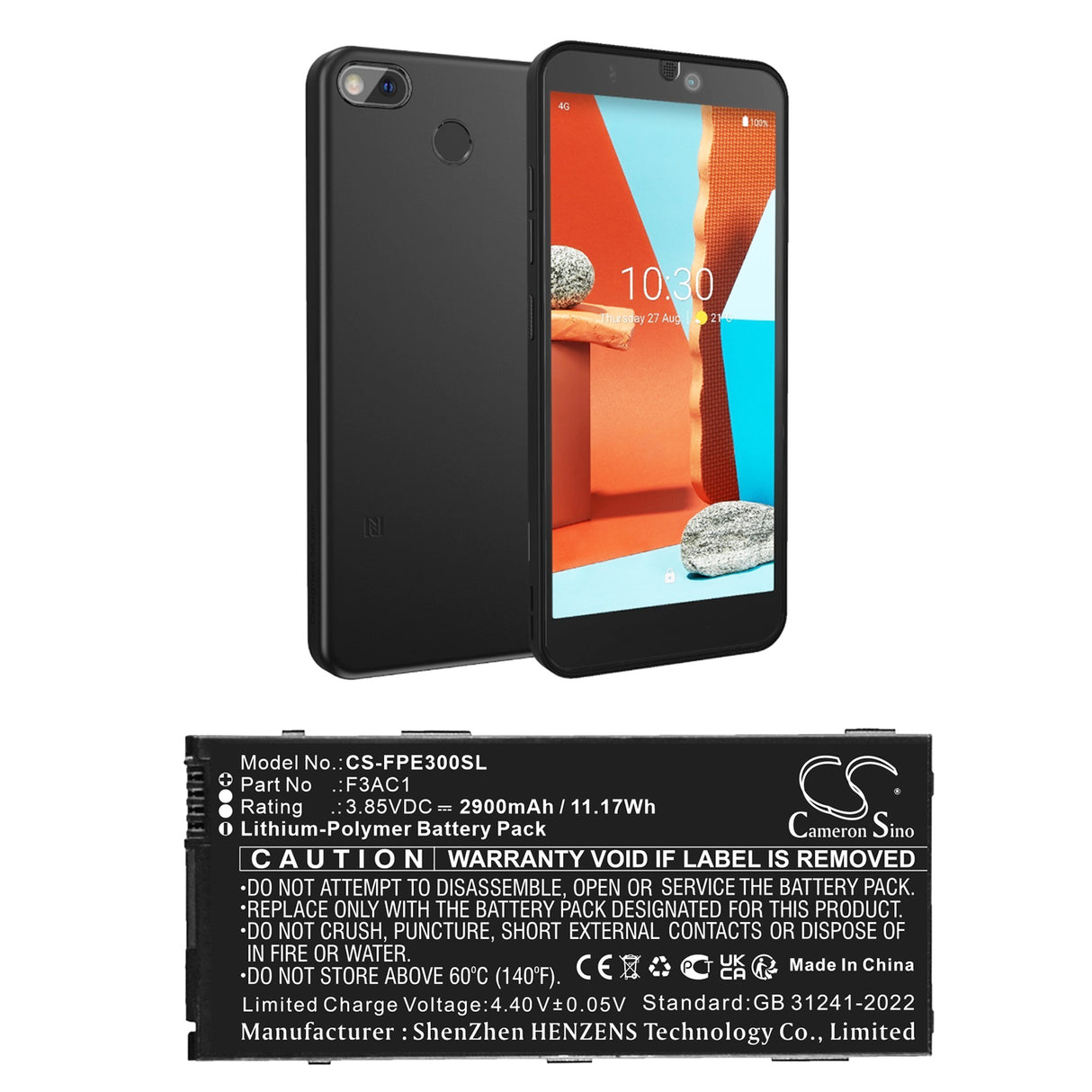 3.85V, Li-Polymer, 2900mAh, Mobile, SmartPhone battery fits Fairphone, F3ac1, Fairphone 3, Fairphone 3+, 11.17Wh Mobile, SmartPhone Cameron Sino Technology Limited