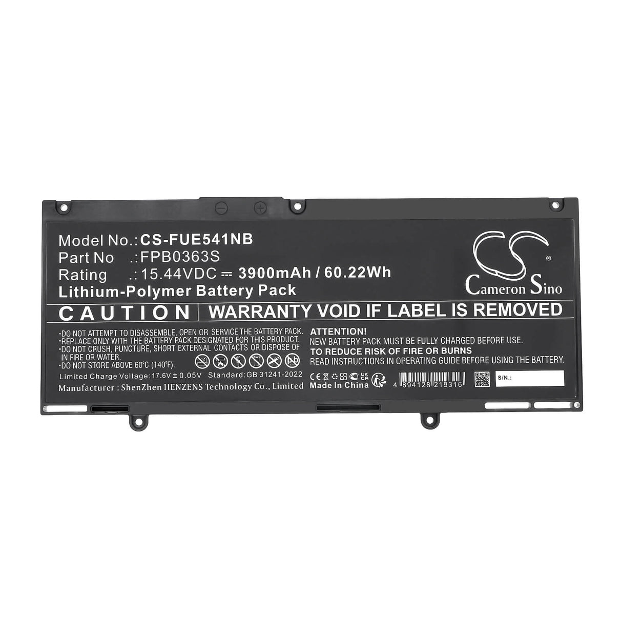 15.44V, Li-Polymer, 3900mAh, Notebook, Laptop battery fits Fujitsu, CP813249-01, LifeBook E4412, LifeBook E5412, 60.22Wh Notebook, Laptop Cameron Sino Technology Limited