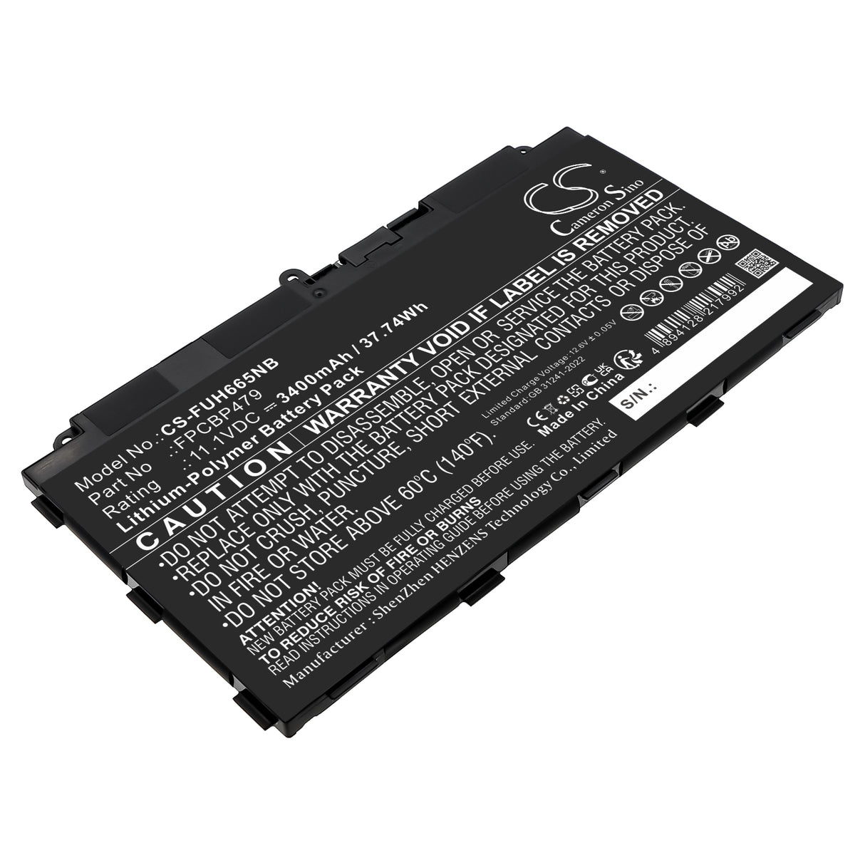 11.1V, Li-Polymer, 3400mAh, Notebook, Laptop battery fits Fujitsu, Cp785375-xx, Stylistic Q616, Stylistic Q665, 37.74Wh Notebook, Laptop Cameron Sino Technology Limited
