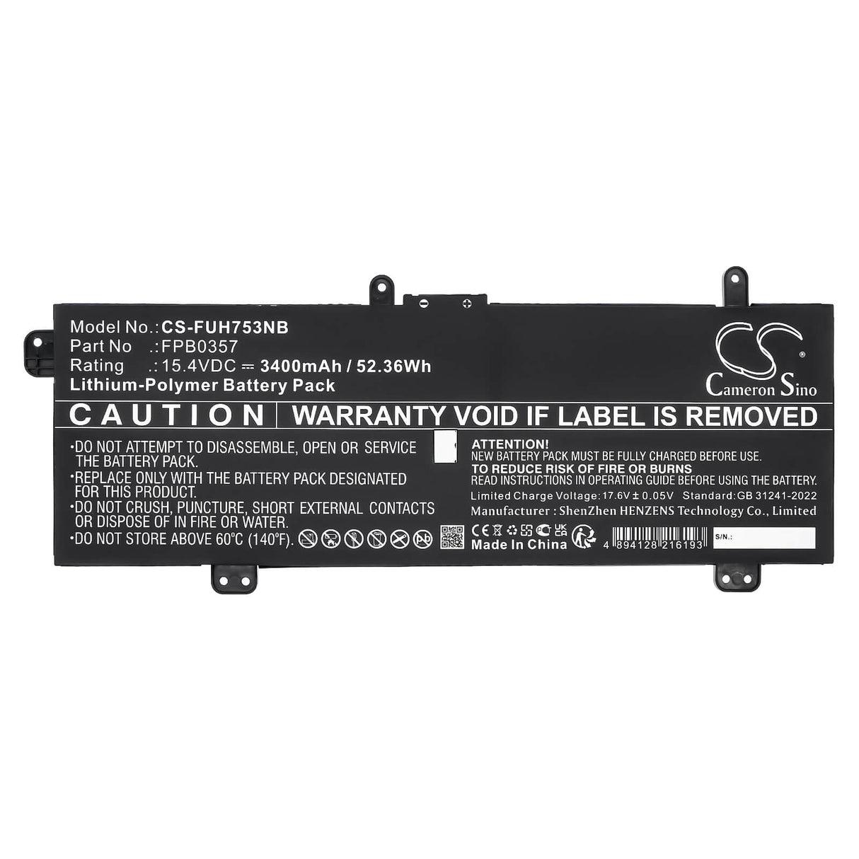 15.4V, Li-Polymer, 3400mAh, Tablet battery fits Fujitsu, Cp790491-01, Lifebook Ch75/e3, Lifebook Ch90/e3, 52.36Wh Tablet Cameron Sino Technology Limited