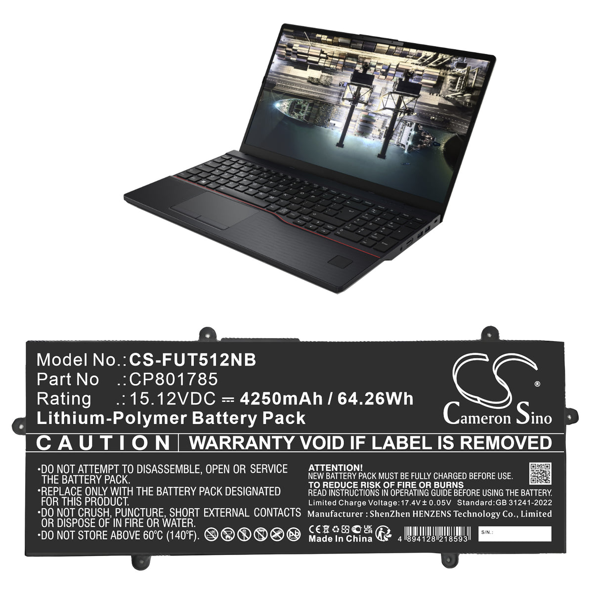 15.12V, Li-Polymer, 4250mAh, Notebook, Laptop battery fits Fujitsu, Cp801785, Lifebook E4512, Lifebook E5512, 64.26Wh Notebook, Laptop Cameron Sino Technology Limited