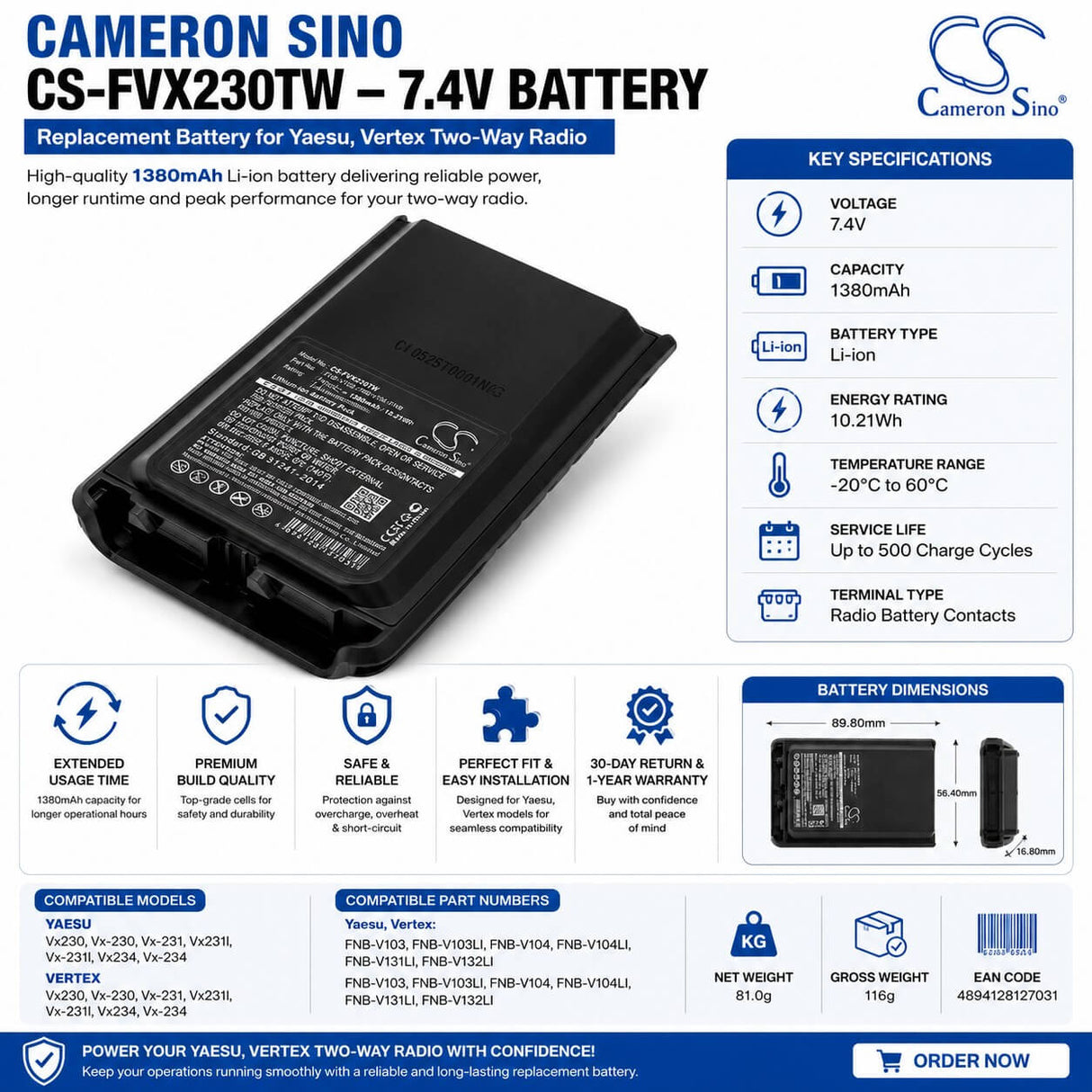 7.4V, Li-ion, 1380mAh, Two-Way Radio battery fits Yaesu, Vertex, Fnb-v103, Vx230, Vx-230, 10.21Wh Two-Way Radio Cameron Sino Technology Limited