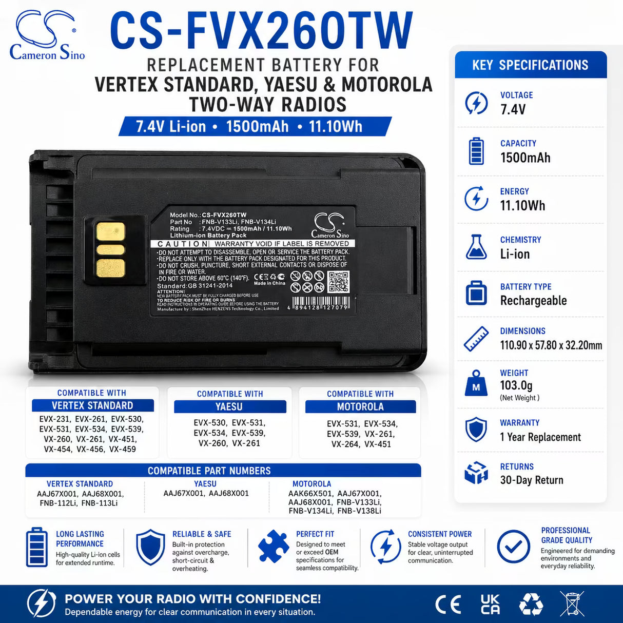 7.4V, Li-ion, 1500mAh, Two-Way Radio battery fits Motorola, Vertex, Yaesu, Aaj67x001, Evx-531, Evx-534, 11.1Wh Two-Way Radio Cameron Sino Technology Limited