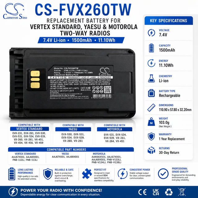 7.4V, Li-ion, 1500mAh, Two-Way Radio battery fits Motorola, Vertex, Yaesu, Aaj67x001, Evx-531, Evx-534, 11.1Wh Two-Way Radio Cameron Sino Technology Limited