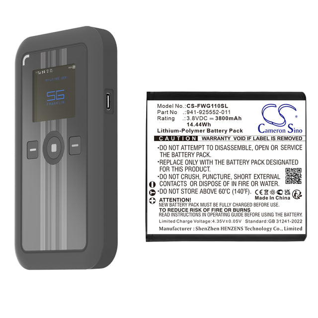3.8V, Li-Polymer, 3800mAh, Hotspot battery fits Franklin Wireless, 941-925552-011, Rg1100, 14.44Wh Hotspot Cameron Sino Technology Limited