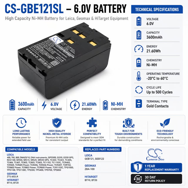 Equipment Battery for Leica Tps400, Tps700, Tps800 6.0v, 3600mah - 21.60wh Equipment, Survey, Test Cameron Sino Technology Limited