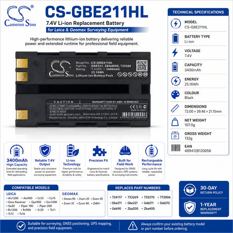 7.4V, Li-ion, 3400mAh, Equipment battery fits Leica, Geomax, 724117, Stonex R6, Zoom 20, 25.16Wh Equipment, Survey, Test Cameron Sino Technology Limited
