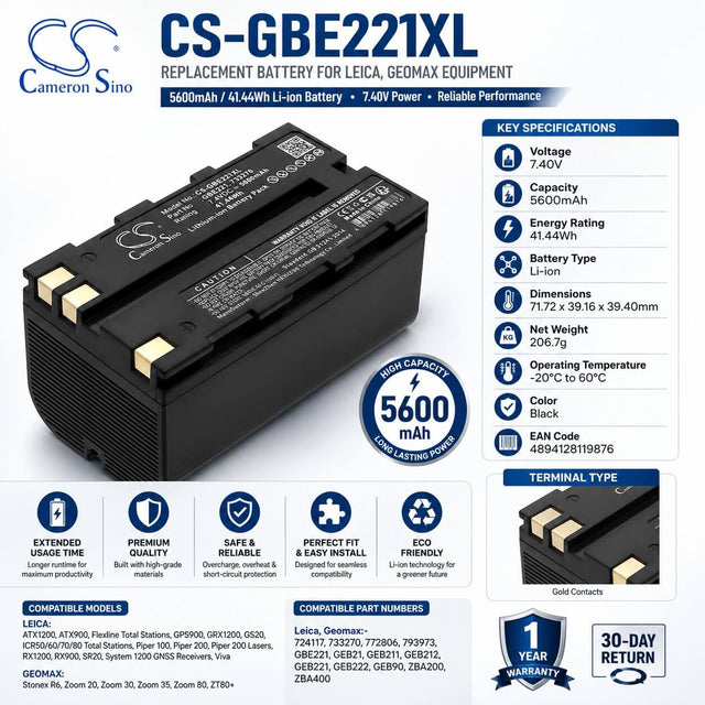 7.40V, Li-ion, 5600mAh, Equipment battery fits Leica, Geomax, 724117, Stonex R6, Zoom 20, 41.44Wh Equipment, Survey, Test Cameron Sino Technology Limited