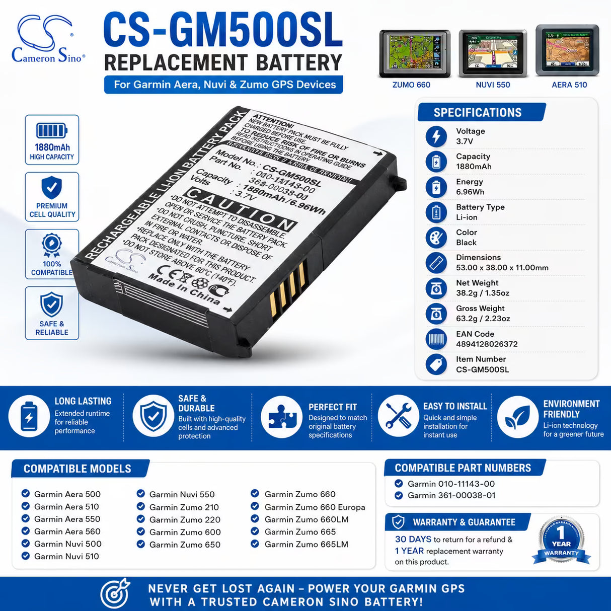 3.7V, Li-ion, 1880mAh, GPS battery fits Garmin, 010-11143-00, Aera 500, Aera 510, 6.96Wh GPS, Navigator Cameron Sino Technology Limited