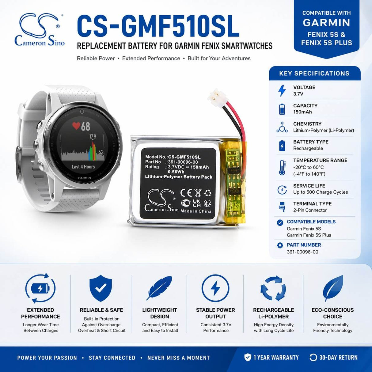 Smartwatch battery For Garmin, Fenix 5S, Fenix 5S Plus, 3.7v, 150mah - 0.56wh Smartwatch Cameron Sino Technology Limited