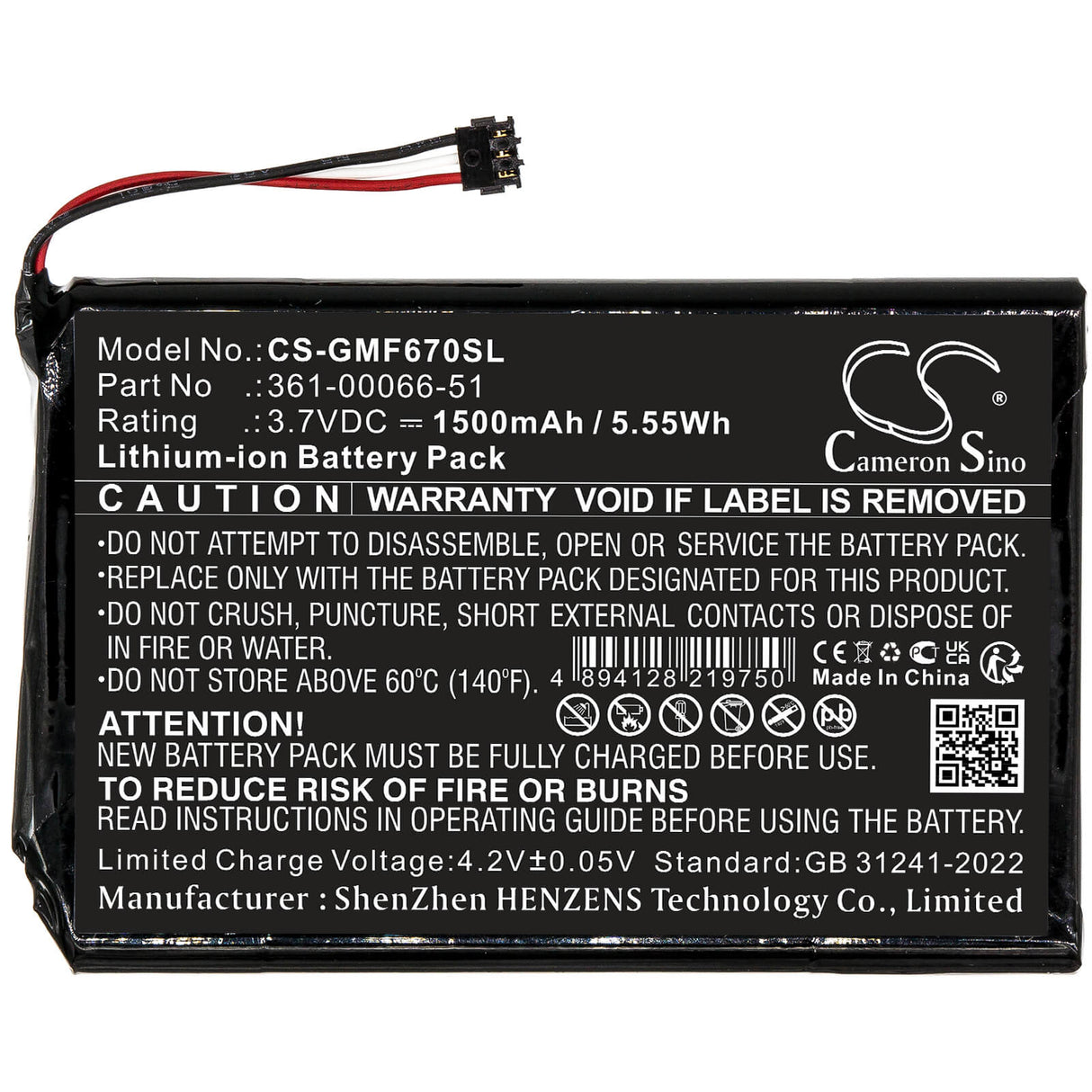3.7V, Li-ion, 1500mAh, GPS, Navigator battery fits Garmin, 361-00066-51, Fleet 670 LM TRUCK, 5.55Wh GPS, Navigator Cameron Sino Technology Limited