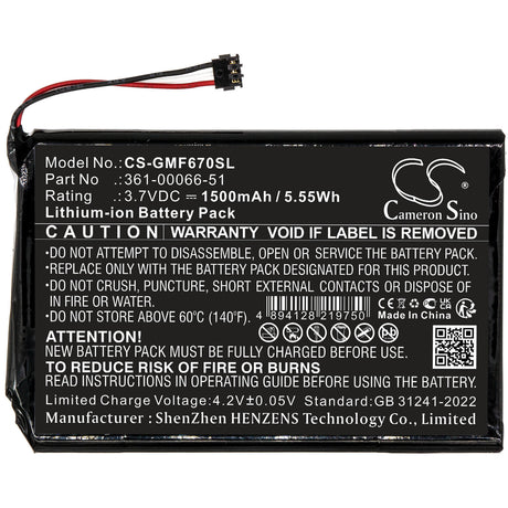 3.7V, Li-ion, 1500mAh, GPS, Navigator battery fits Garmin, 361-00066-51, Fleet 670 LM TRUCK, 5.55Wh GPS, Navigator Cameron Sino Technology Limited