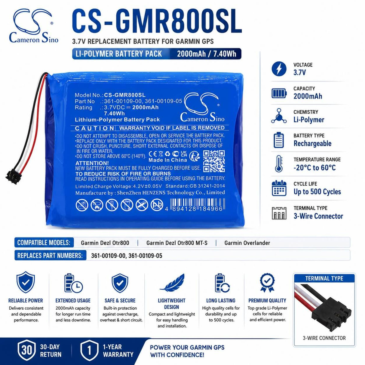 3.7V, Li-Polymer, 2000mAh, GPS battery fits Garmin, 361-00109-00, Dezl Otr800, Dezl Otr800 Mt-s, 7.4Wh GPS, Navigator Cameron Sino Technology Limited