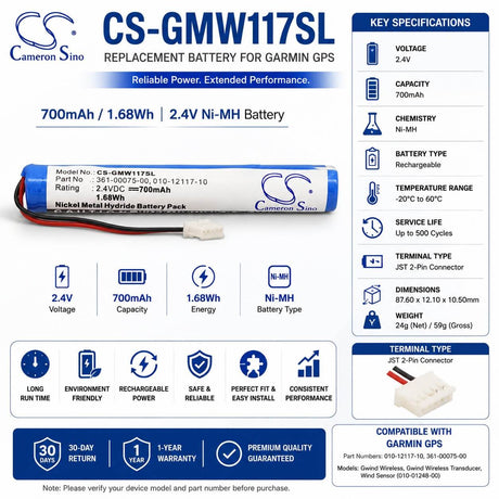 2.4V, Ni-MH, 700mAh, GPS battery fits Garmin, 010-12117-10, 010-01248-00, Gwind Wireless, 1.68Wh GPS, Navigator Cameron Sino Technology Limited