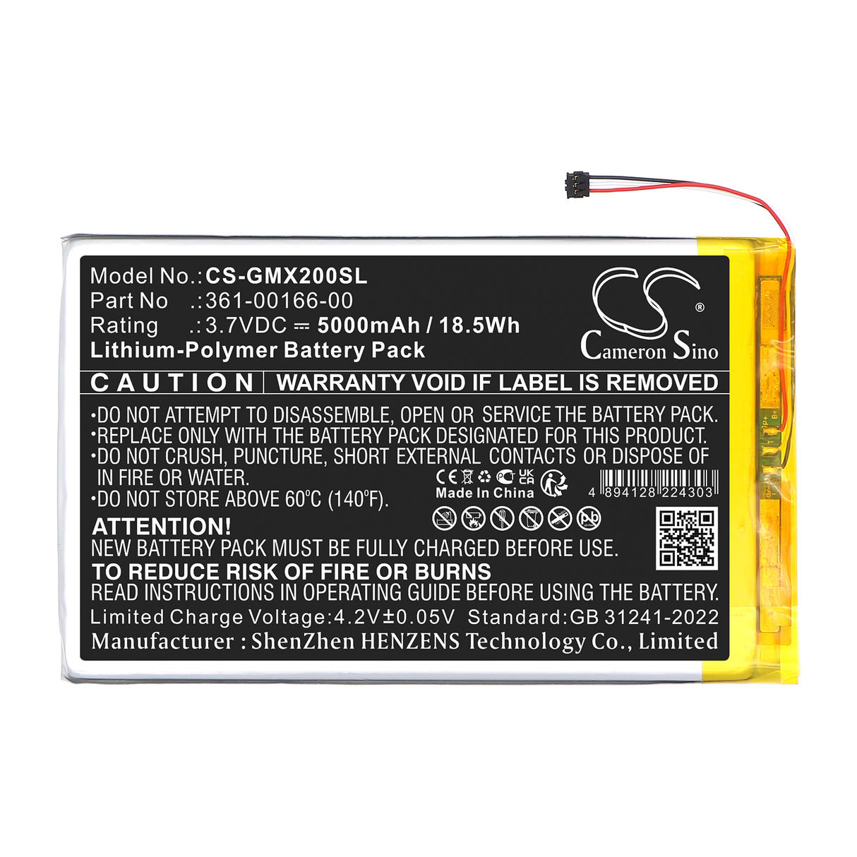 3.7V, Li-Polymer, 5000mAh, GPS, Navigator battery fits Garmin, 361-00166-00, Zumo XT2, 18.5Wh GPS, Navigator Cameron Sino Technology Limited