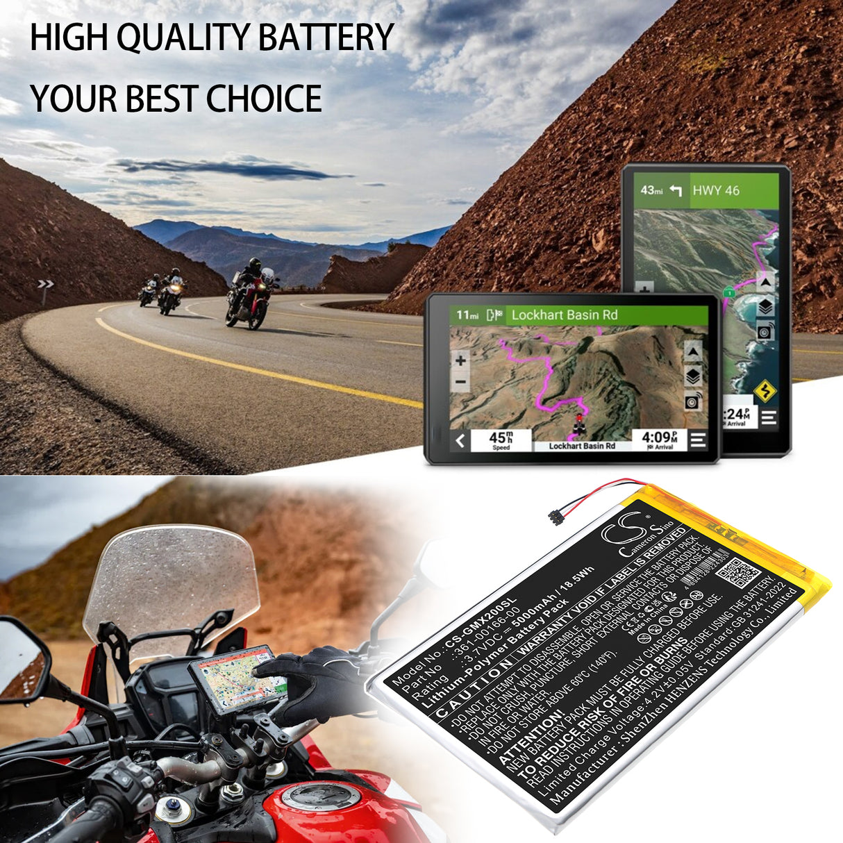 3.7V, Li-Polymer, 5000mAh, GPS, Navigator battery fits Garmin, 361-00166-00, Zumo XT2, 18.5Wh GPS, Navigator Cameron Sino Technology Limited
