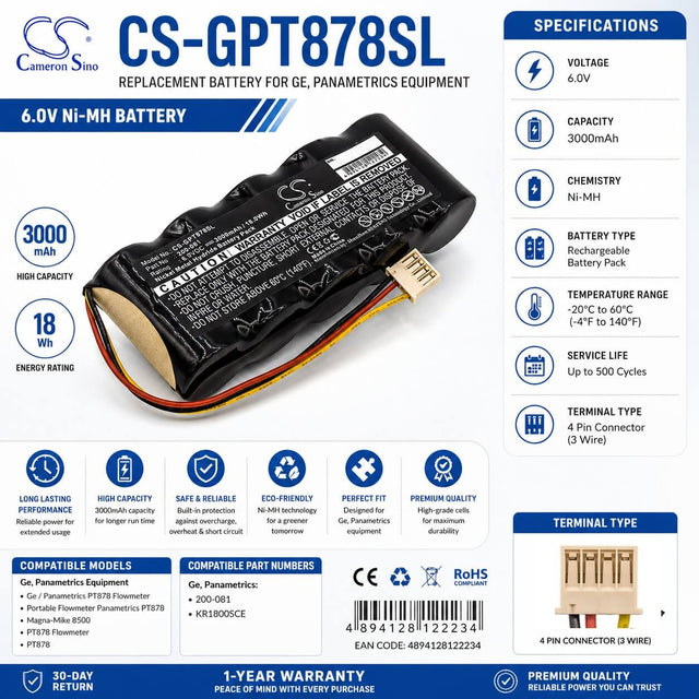6.0V, Ni-MH, 3000mAh, Equipment battery fits Ge, Panametrics, 200-081, Panametrics PT878 Flowmeter, Portable Flowmeter Panametrics, 18Wh Equipment, Survey, Test Cameron Sino Technology Limited