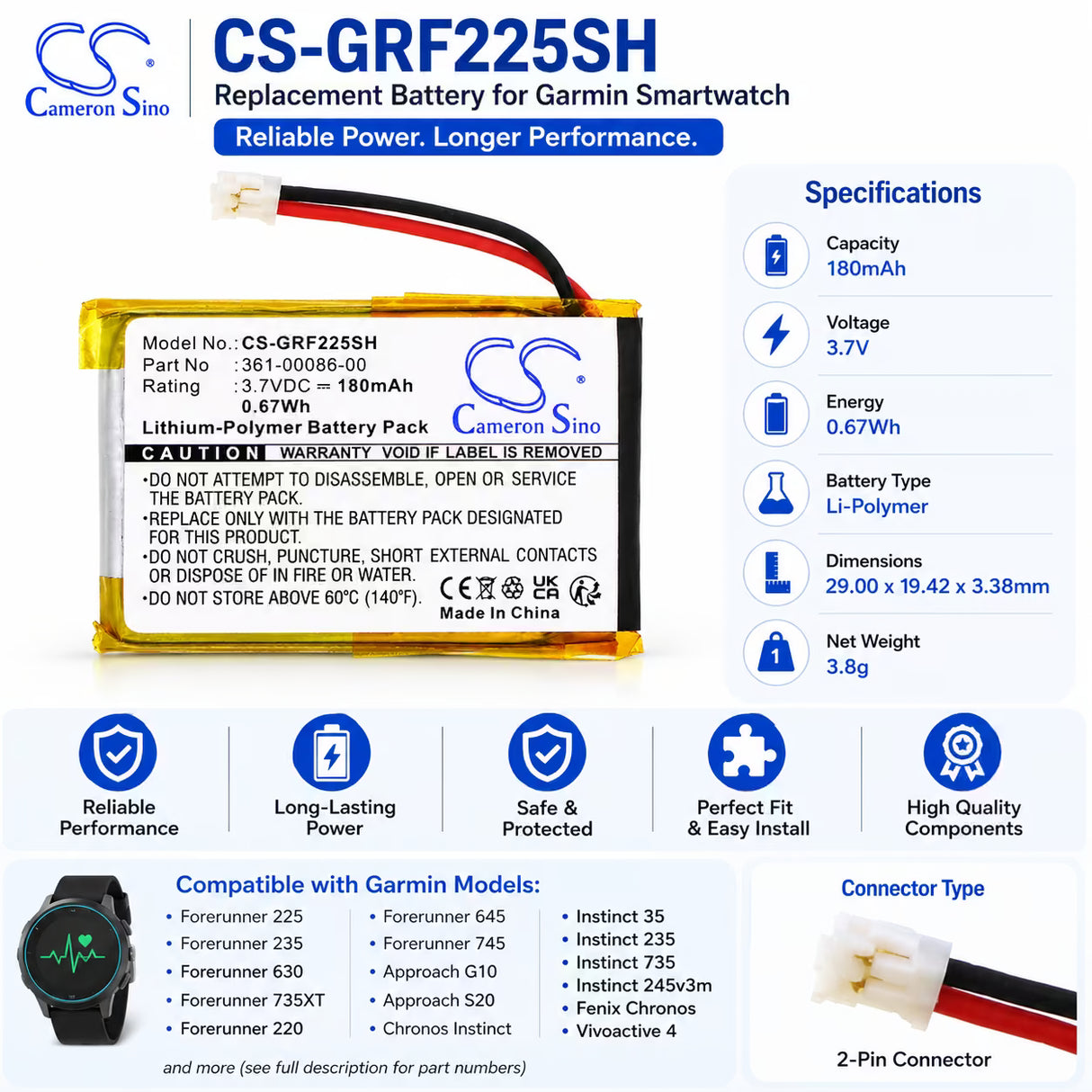 3.7V, Li-Polymer, 180mAh, Smartwatch battery fits Garmin, 361-00072-00, 010-01959-00, Approach G10, 0.67Wh Smartwatch Cameron Sino Technology Limited