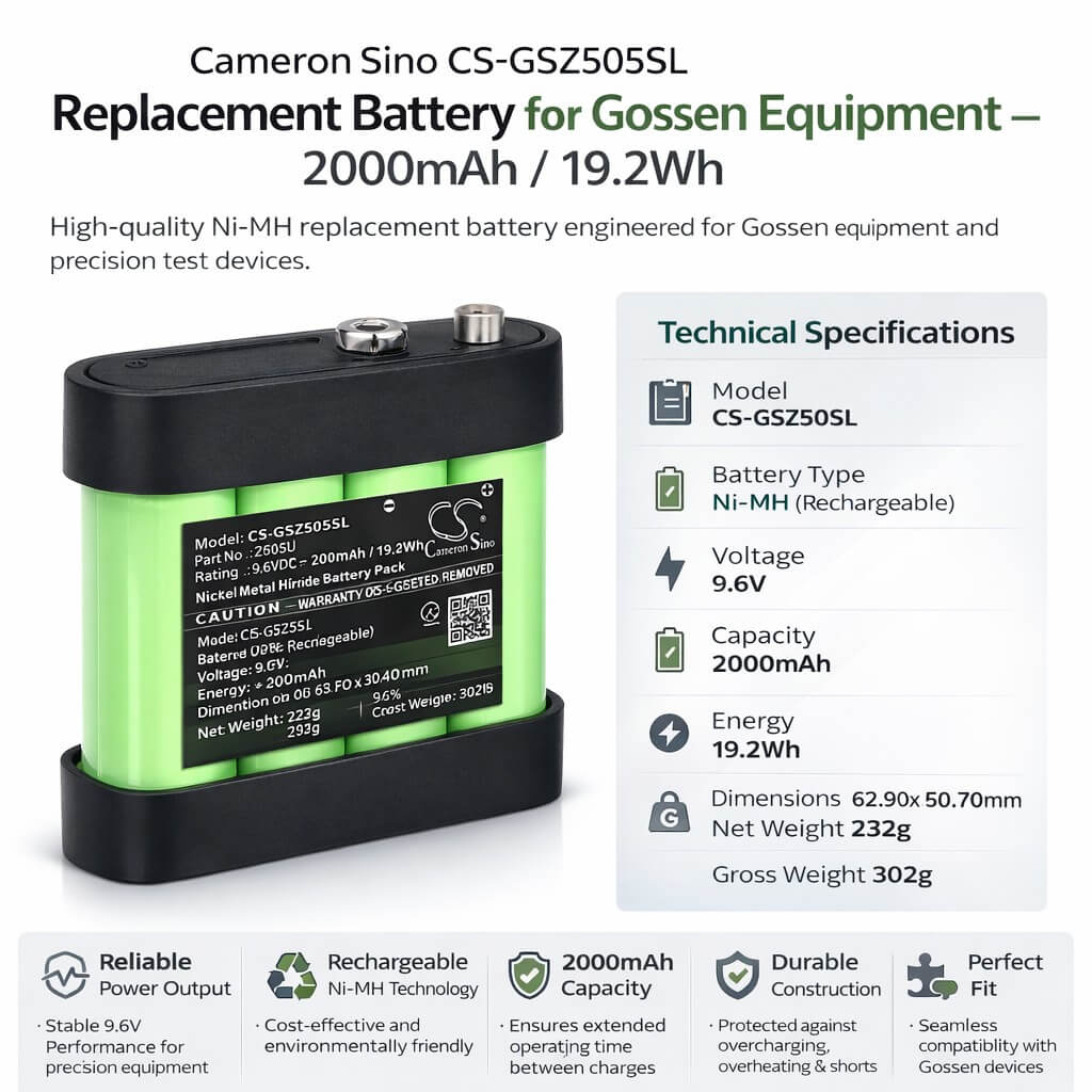 9.6V, Ni-MH, 2000mAh, Equipment, Survey, Test battery fits Gossen, HR-3UTGX, METRISO, Metrawatt PROFiTEST, 19.2Wh Equipment, Survey, Test Cameron Sino Technology Limited