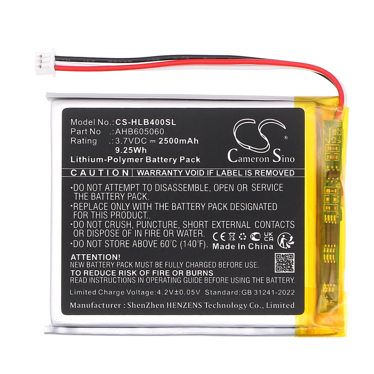 3,7V, Li-Polymer, 2500mAh, batterie BabyPhone compatible avec Hellobaby, Ahb605060, Moniteur Hb40, Moniteur Hb50, 9,25Wh BabyPhone Cameron Sino Technology Limited