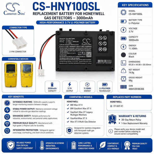 3.7v, Li-polymer, 3000mah, Equipment Battery Fits Honeywell, Bw Gasalert Max Xt Ii, 11.10wh Equipment, Survey, Test Cameron Sino Technology Limited