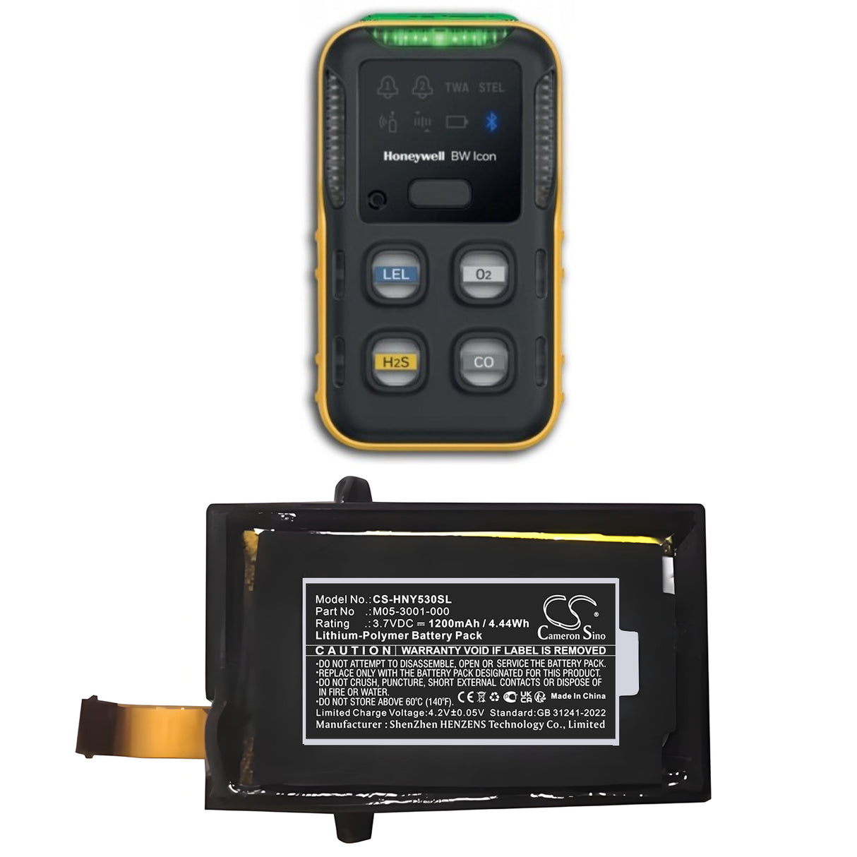 3.7V, Li-Polymer, 1200mAh, Equipment, Survey, Test battery fits Honeywell, M05-3001-000, BW Icon + 4 Gas Detector H2S C, Flex, 4.44Wh Equipment, Survey, Test Cameron Sino Technology Limited
